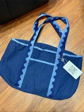 Navy Tote Bag with Light Blue Scalloped Straps